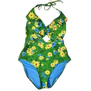Aerie One Piece Halter Cut Out Floral Swim Suit- Womens Size Medium‎